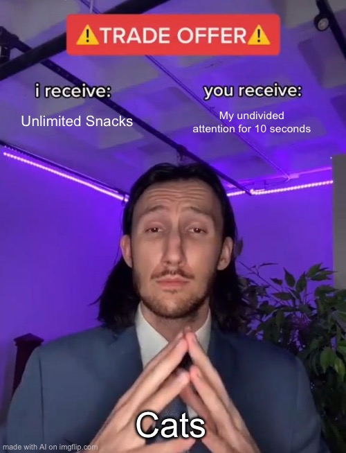 Fr tho | Unlimited Snacks; My undivided attention for 10 seconds; Cats | image tagged in trade offer | made w/ Imgflip meme maker