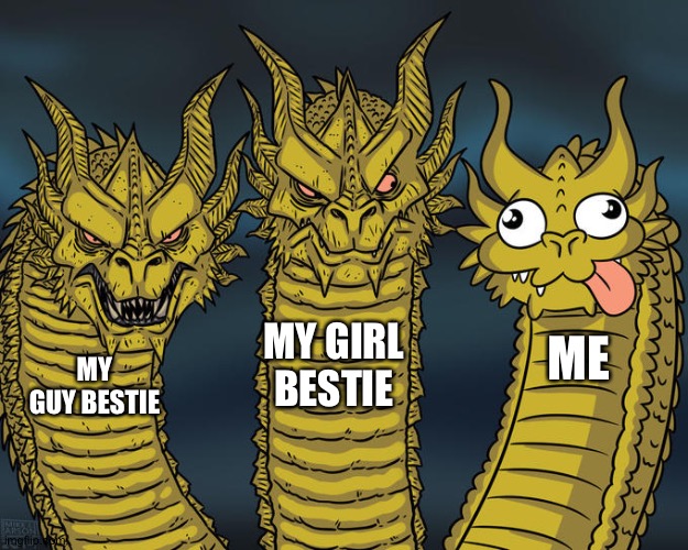 Three-headed Dragon | MY GIRL BESTIE; ME; MY GUY BESTIE | image tagged in three-headed dragon | made w/ Imgflip meme maker