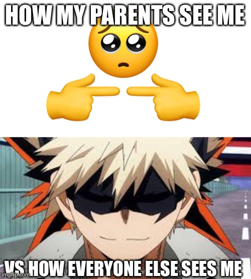 HOW MY PARENTS SEE ME; VS HOW EVERYONE ELSE SEES ME | image tagged in shy emoji,bakugo | made w/ Imgflip meme maker