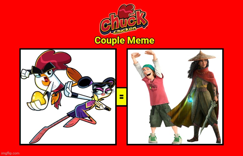 Fred and Raya Chuck Chicken Couple Meme | image tagged in chuck and flick - kung fu couple meme blank,chuck adoodledoo,chuck chicken,flick feathers,raya and the last dragon,big hero 6 | made w/ Imgflip meme maker