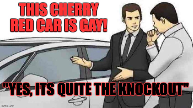 Car Salesman Slaps Roof Of Car | THIS CHERRY RED CAR IS GAY! "YES, ITS QUITE THE KNOCKOUT" | image tagged in memes,car,knockout,sale,gay | made w/ Imgflip meme maker