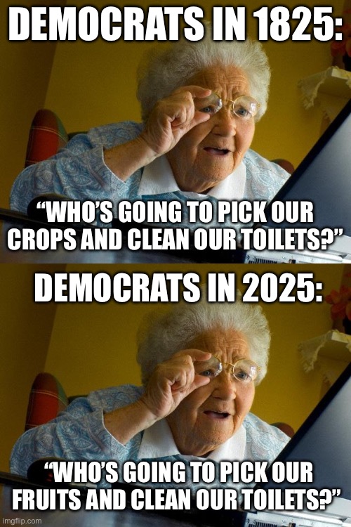 Dems | DEMOCRATS IN 1825:; “WHO’S GOING TO PICK OUR CROPS AND CLEAN OUR TOILETS?”; DEMOCRATS IN 2025:; “WHO’S GOING TO PICK OUR FRUITS AND CLEAN OUR TOILETS?” | image tagged in memes,grandma finds the internet,democrats,politics,political meme,political | made w/ Imgflip meme maker