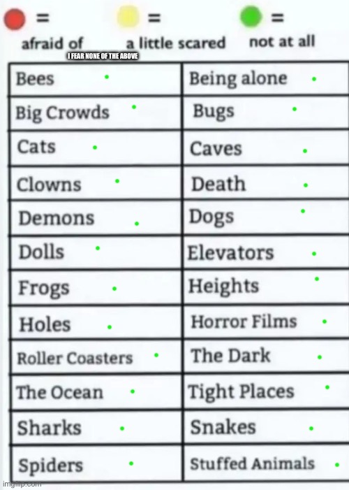 there’s nothing. | I FEAR NONE OF THE ABOVE | image tagged in things to be afraid of lol | made w/ Imgflip meme maker