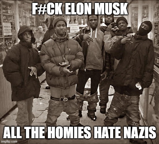 All My Homies Hate | F#CK ELON MUSK; ALL THE HOMIES HATE NAZIS | image tagged in all my homies hate | made w/ Imgflip meme maker