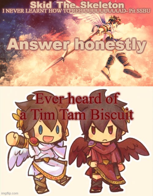 .. | Answer honestly; Ever heard of a Tim Tam Biscuit | image tagged in skid's pit template | made w/ Imgflip meme maker