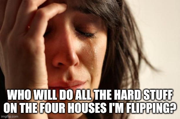 First World Problems Meme | WHO WILL DO ALL THE HARD STUFF
ON THE FOUR HOUSES I'M FLIPPING? | image tagged in memes,first world problems | made w/ Imgflip meme maker