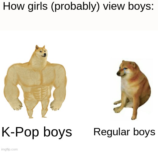 Buff Doge vs. Cheems | How girls (probably) view boys:; K-Pop boys; Regular boys | image tagged in memes,buff doge vs cheems | made w/ Imgflip meme maker