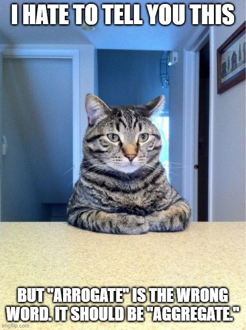 I HATE TO TELL YOU THIS BUT "ARROGATE" IS THE WRONG WORD. IT SHOULD BE "AGGREGATE." | image tagged in memes,take a seat cat | made w/ Imgflip meme maker