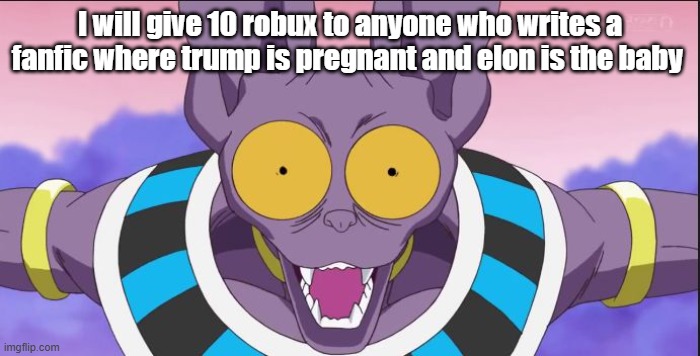 beerus | I will give 10 robux to anyone who writes a fanfic where trump is pregnant and elon is the baby | image tagged in beerus | made w/ Imgflip meme maker