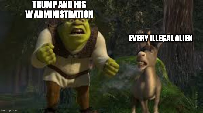 its time for em to haul ass! | TRUMP AND HIS W ADMINISTRATION; EVERY ILLEGAL ALIEN | image tagged in angry shrek with donkey,memes,funny,trump,illegal immigration,oh wow are you actually reading these tags | made w/ Imgflip meme maker