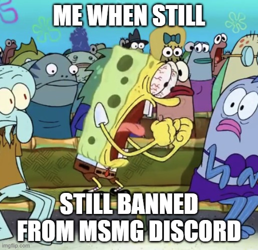 Spongebob Yelling | ME WHEN STILL; STILL BANNED FROM MSMG DISCORD | image tagged in spongebob yelling | made w/ Imgflip meme maker