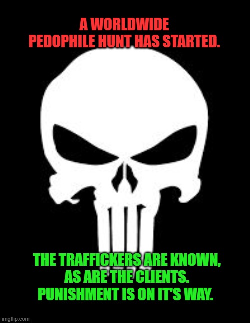 Punisher | A WORLDWIDE PEDOPHILE HUNT HAS STARTED. THE TRAFFICKERS ARE KNOWN,
AS ARE THE CLIENTS.
PUNISHMENT IS ON IT'S WAY. | image tagged in punisher | made w/ Imgflip meme maker