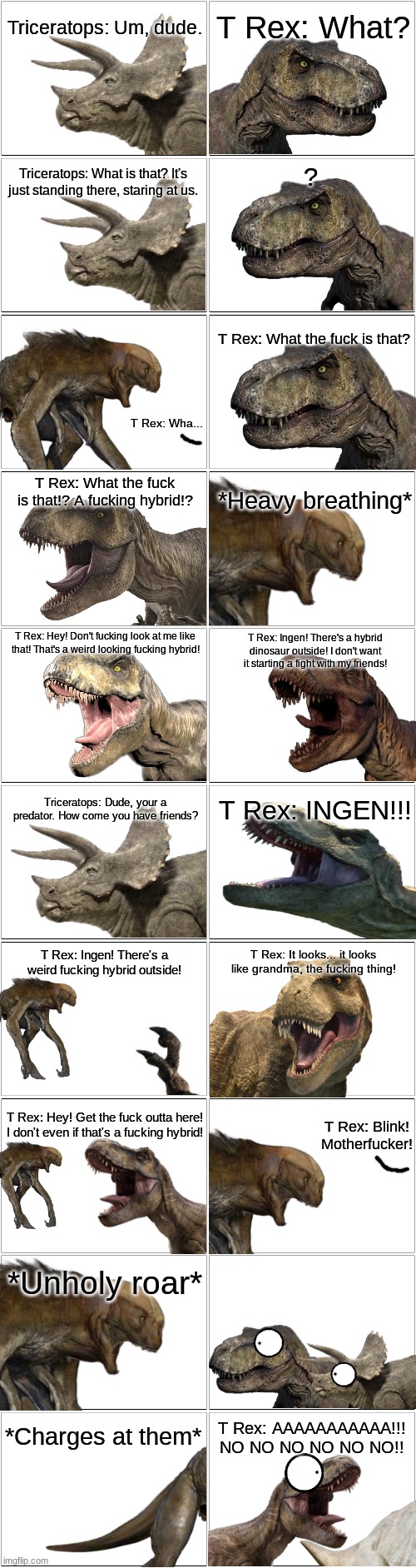 2 dinosaurs meeting the human/dinosaur hybrid from JWR | made w/ Imgflip meme maker