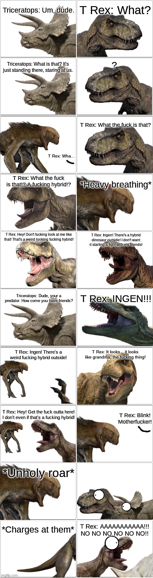 2 dinosaurs meeting the human/dinosaur hybrid from JWR.mp3 | image tagged in comic,jurassic park,jurassic world,jurassic park/world | made w/ Imgflip meme maker