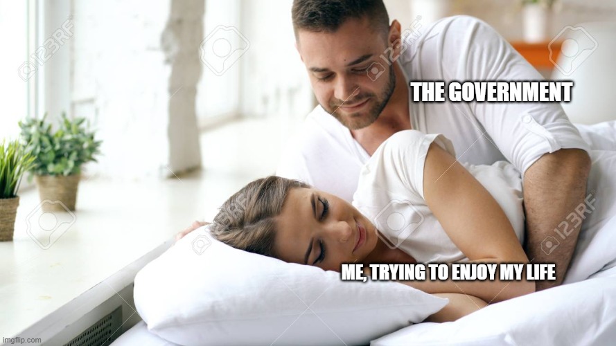 Did you pay your 'laying there and sleeping' tax yet? | THE GOVERNMENT; ME, TRYING TO ENJOY MY LIFE | image tagged in wake up babe | made w/ Imgflip meme maker