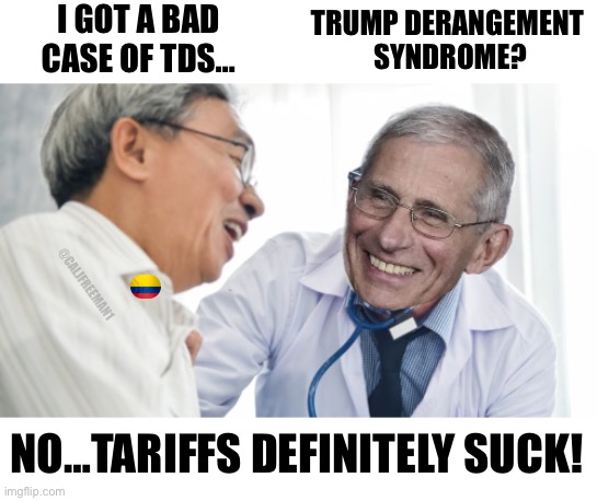 I GOT A BAD CASE OF TDS…; TRUMP DERANGEMENT 
SYNDROME? @CALJFREEMAN1; NO…TARIFFS DEFINITELY SUCK! | image tagged in dr fauci,fauci,maga,donald trump,democrats,tariffs | made w/ Imgflip meme maker