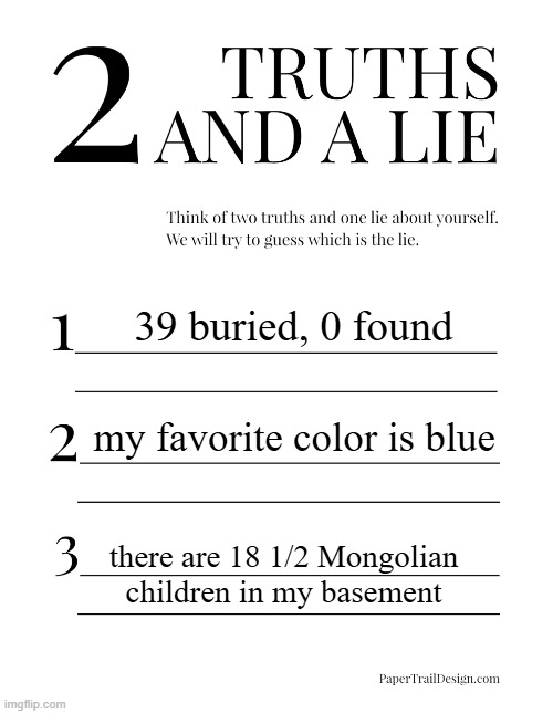 . | 39 buried, 0 found; my favorite color is blue; there are 18 1/2 Mongolian children in my basement | made w/ Imgflip meme maker