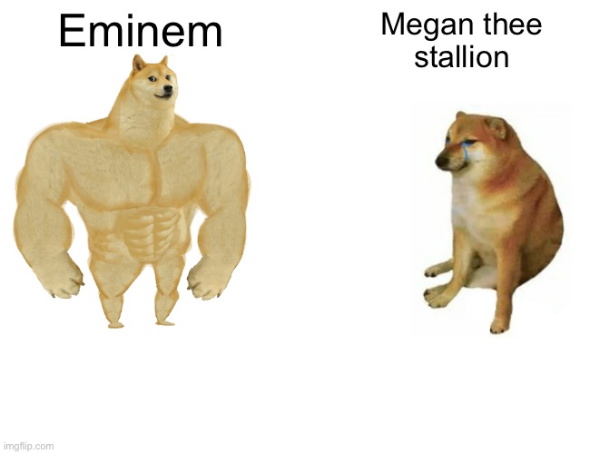 Buff Doge vs. Cheems | Eminem; Megan thee
 stallion | image tagged in memes,buff doge vs cheems | made w/ Imgflip meme maker