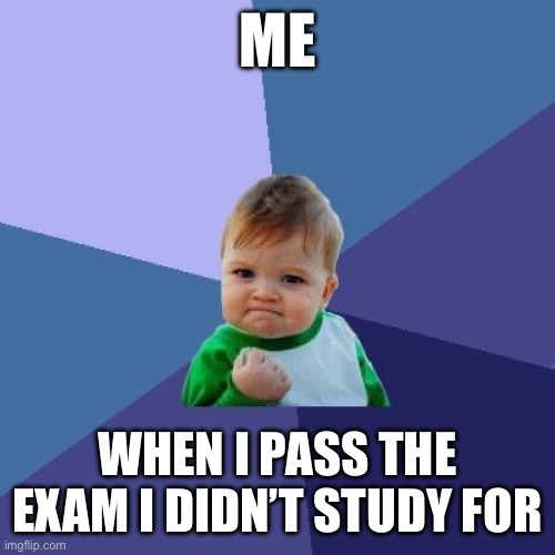 Yay!!! | ME; WHEN I PASS THE EXAM I DIDN’T STUDY FOR | image tagged in memes,success kid | made w/ Imgflip meme maker