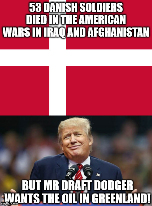 Is this how you treat your allies? | 53 DANISH SOLDIERS DIED IN THE AMERICAN WARS IN IRAQ AND AFGHANISTAN; BUT MR DRAFT DODGER WANTS THE OIL IN GREENLAND! | image tagged in flag of denmark,draft dodger,nato,iraq,afghanistan,war | made w/ Imgflip meme maker