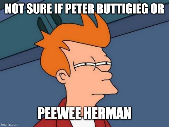 Futurama Fry Meme | NOT SURE IF PETER BUTTIGIEG OR PEEWEE HERMAN | image tagged in memes,futurama fry | made w/ Imgflip meme maker