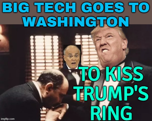 Big Tech Goes To Washington; To Kiss Trump's Ring | BIG TECH GOES TO
WASHINGTON; TO KISS
TRUMP'S
RING | image tagged in mafia don,donald trump,corporate greed,google,facebook,amazon | made w/ Imgflip meme maker