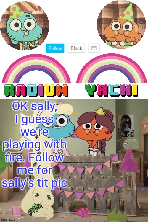 Radium and Yachis temp | OK sally, I guess we're playing with fire. Follow me for sally's tit pic | image tagged in radium and yachis temp | made w/ Imgflip meme maker