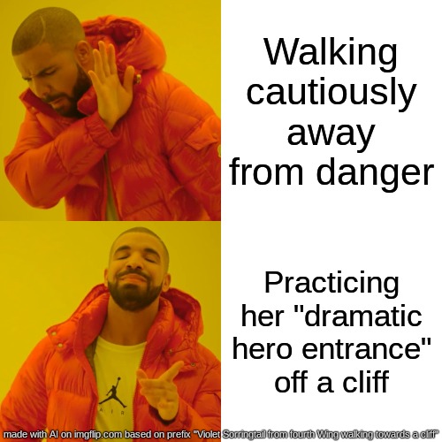 DANGER | Walking cautiously away from danger; Practicing her "dramatic hero entrance" off a cliff | image tagged in memes,drake hotline bling | made w/ Imgflip meme maker