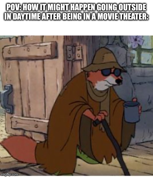 Blind Robin Hood | POV: HOW IT MIGHT HAPPEN GOING OUTSIDE IN DAYTIME AFTER BEING IN A MOVIE THEATER: | image tagged in blind robin hood | made w/ Imgflip meme maker