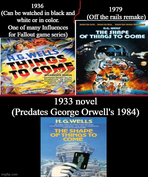 H.G. Wells' The Shape Of Things To Come | 1936 
(Can be watched in black and white or in color. One of many Influences for Fallout game series); 1979 
(Off the rails remake); 1933 novel
(Predates George Orwell's 1984) | image tagged in the shape of things to come,h g wells,raymond massey,cedric hardwicke,jack palance,barry morse | made w/ Imgflip meme maker