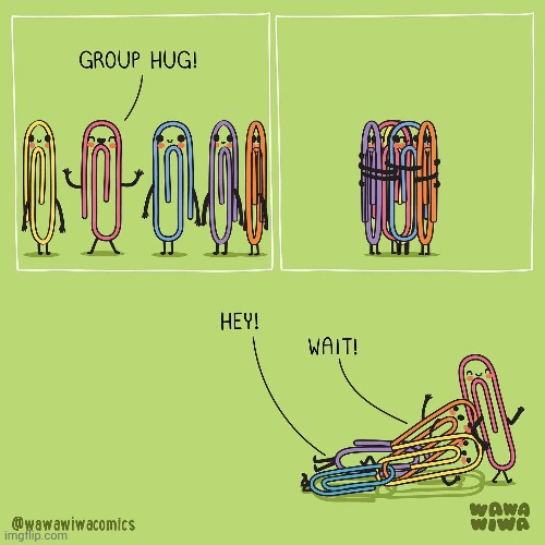 Group huggie | image tagged in paperclip,paperclips,group hug,comics,comics/cartoons,hug | made w/ Imgflip meme maker