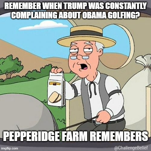 Golfing | REMEMBER WHEN TRUMP WAS CONSTANTLY COMPLAINING ABOUT OBAMA GOLFING? PEPPERIDGE FARM REMEMBERS; @ChallengeBelief | image tagged in memes,pepperidge farm remembers | made w/ Imgflip meme maker