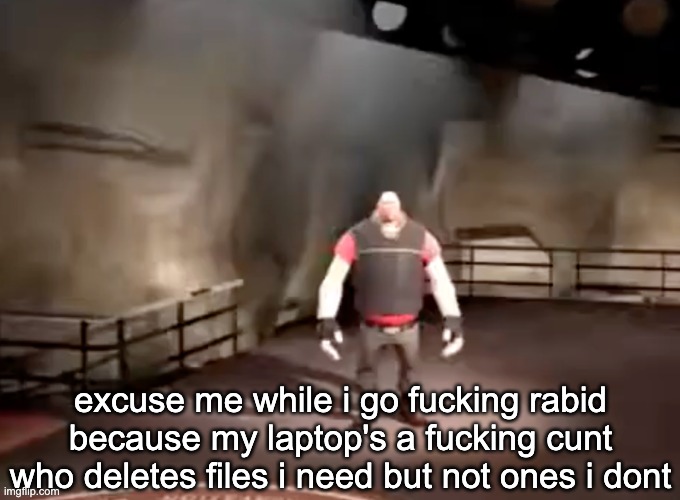 heavy | excuse me while i go fucking rabid because my laptop's a fucking cunt who deletes files i need but not ones i dont | image tagged in heavy | made w/ Imgflip meme maker