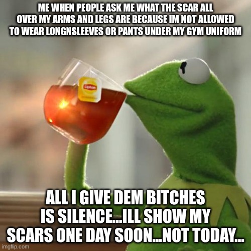 i need to stop doing this to myself..plz follow if u want me to stop tooo | ME WHEN PEOPLE ASK ME WHAT THE SCAR ALL OVER MY ARMS AND LEGS ARE BECAUSE IM NOT ALLOWED TO WEAR LONGNSLEEVES OR PANTS UNDER MY GYM UNIFORM; ALL I GIVE DEM BITCHES IS SILENCE...ILL SHOW MY SCARS ONE DAY SOON...NOT TODAY... | made w/ Imgflip meme maker