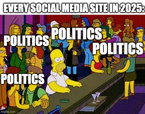 Thankfully Here is Safe | EVERY SOCIAL MEDIA SITE IN 2025:; POLITICS; POLITICS; POLITICS; POLITICS | image tagged in homer bar,politics,2025,social media | made w/ Imgflip meme maker