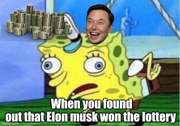Mocking Spongebob | When you found out that Elon musk won the lottery | image tagged in memes,mocking spongebob | made w/ Imgflip meme maker