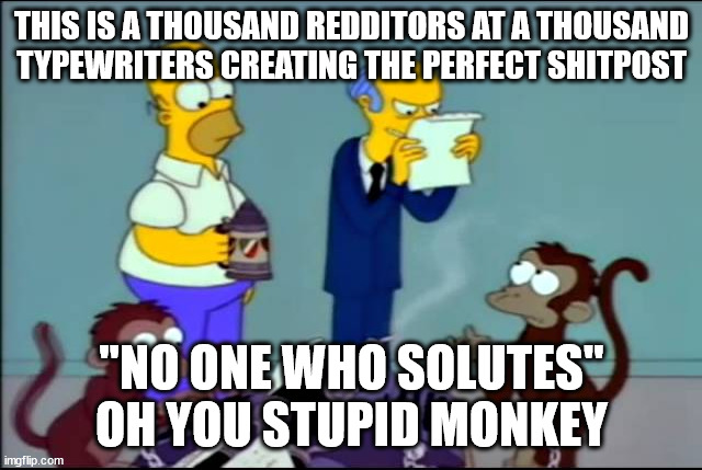 Blurst of times | THIS IS A THOUSAND REDDITORS AT A THOUSAND TYPEWRITERS CREATING THE PERFECT SHITPOST; "NO ONE WHO SOLUTES" OH YOU STUPID MONKEY | image tagged in blurst of times | made w/ Imgflip meme maker