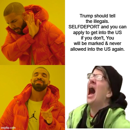 SELF DEPORT NOW 2025 | Trump should tell the illegals. SELFDEPORT and you can apply to get into the US if you don't, You will be marked & never allowed into the US again. | image tagged in memes,drake hotline bling | made w/ Imgflip meme maker
