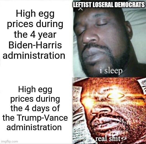 Sleeping Shaq Meme | High egg prices during the 4 year Biden-Harris administration High egg prices during the 4 days of the Trump-Vance administration LEFTIST LO | image tagged in memes,sleeping shaq | made w/ Imgflip meme maker