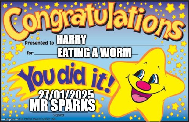 how easy it is to get awards | HARRY; EATING A WORM; 27/01/2025; MR SPARKS | image tagged in certificate | made w/ Imgflip meme maker