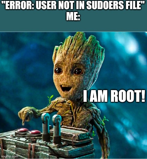 Linux meme | "ERROR: USER NOT IN SUDOERS FILE"
ME:; I AM ROOT! | image tagged in i am groot,linux,sudo,arch,mint | made w/ Imgflip meme maker