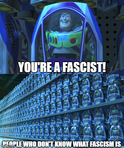 New drinking game idea | YOU'RE A FASCIST! PEOPLE WHO DON'T KNOW WHAT FASCISM IS | image tagged in buzz lightyear clones,fascism,politics,political meme | made w/ Imgflip meme maker