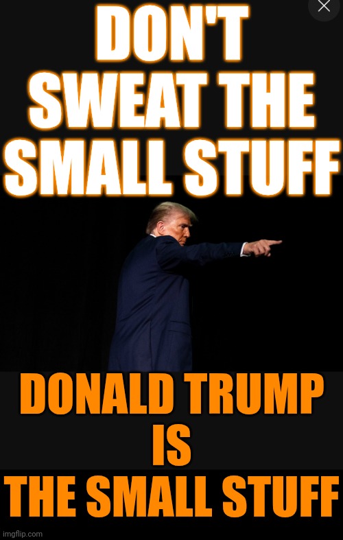 Lol.  Funny Because It's True | DON'T SWEAT THE SMALL STUFF; DONALD TRUMP

IS
THE SMALL STUFF | image tagged in don't sweat the small stuff,donald trump is a convicted rapist,donald trump is a convicted felon,memes,lock him up | made w/ Imgflip meme maker