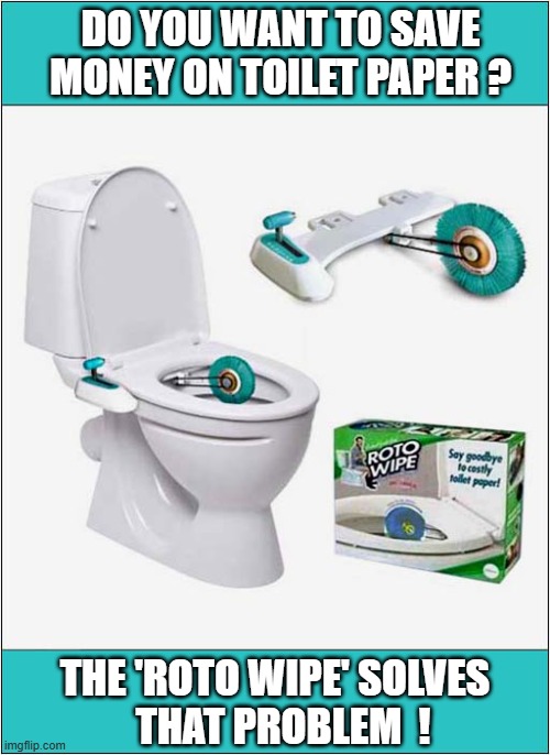 If Only This Existed ! | DO YOU WANT TO SAVE MONEY ON TOILET PAPER ? THE 'ROTO WIPE' SOLVES
  THAT PROBLEM  ! | image tagged in toilet,wipe,brush,dark humour | made w/ Imgflip meme maker