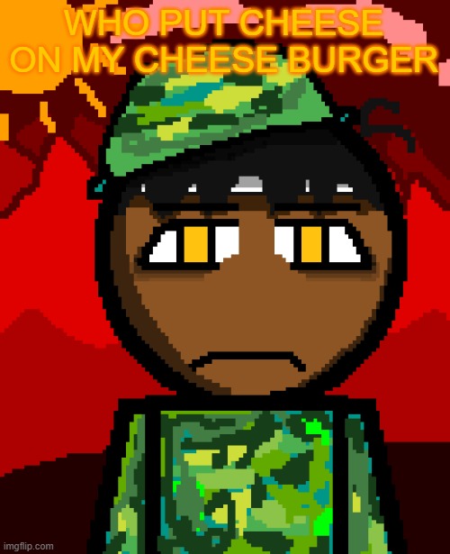 1000 degree stare | WHO PUT CHEESE ON MY CHEESE BURGER | image tagged in 1000 degree stare | made w/ Imgflip meme maker