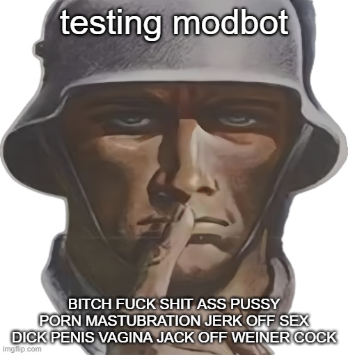 shhh | testing modbot; BITCH FUCK SHIT ASS PUSSY PORN MASTUBRATION JERK OFF SEX DICK PENIS VAGINA JACK OFF WEINER COCK | image tagged in shhh | made w/ Imgflip meme maker