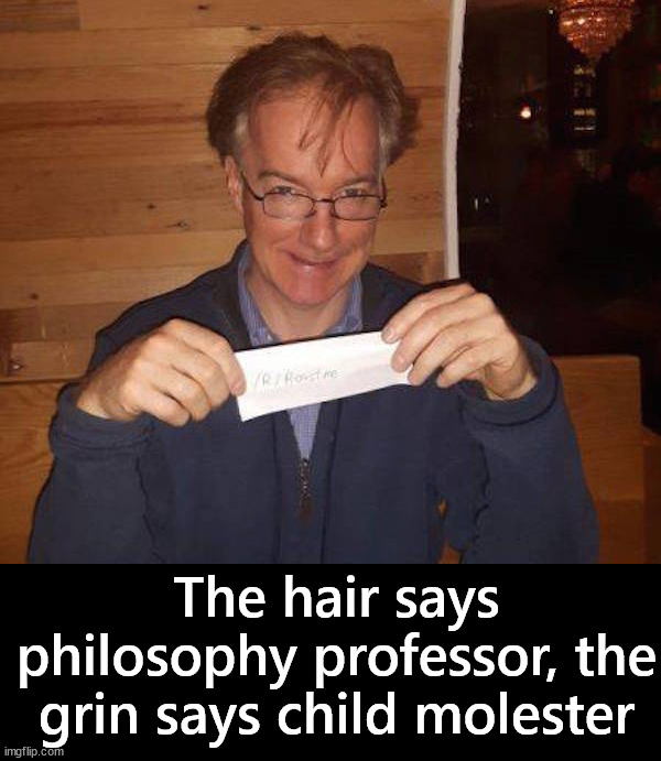 That look | The hair says philosophy professor, the grin says child molester | image tagged in insults | made w/ Imgflip meme maker