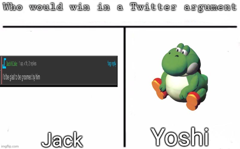 Pitting random mfs against each other | Yoshi; Jack | image tagged in pitting random mfs against each other,memes,msmg | made w/ Imgflip meme maker