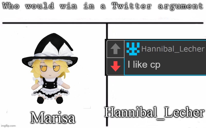 Pitting random mfs against each other | Hannibal_Lecher; Marisa | image tagged in pitting random mfs against each other | made w/ Imgflip meme maker