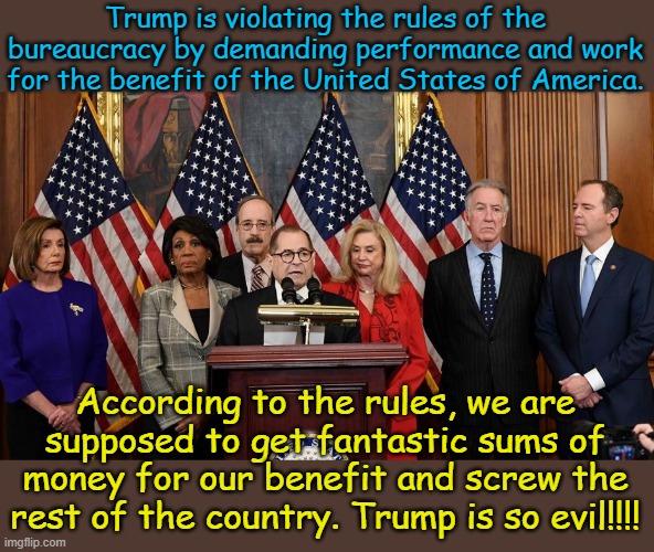 Deep State rules are intended to crush the USA, they aren't Constitutional so Trump is not sworn to uphold them. | Trump is violating the rules of the bureaucracy by demanding performance and work for the benefit of the United States of America. According to the rules, we are supposed to get fantastic sums of money for our benefit and screw the rest of the country. Trump is so evil!!!! | image tagged in house democrats | made w/ Imgflip meme maker